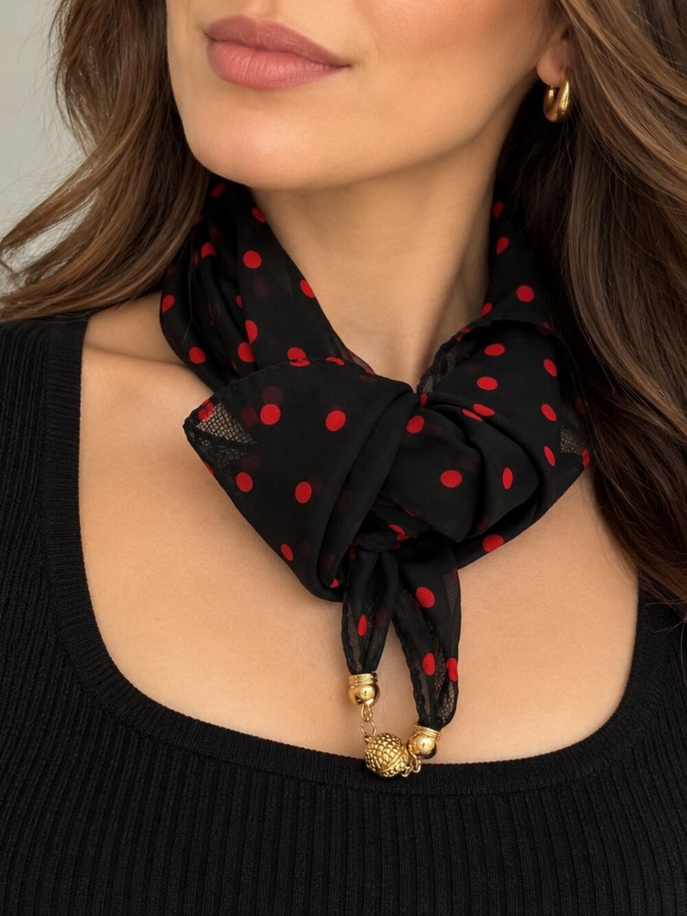 Black Red Polka Dot Sheer Scarf Gold Tone Clasp Vintage Style Neck Wrap